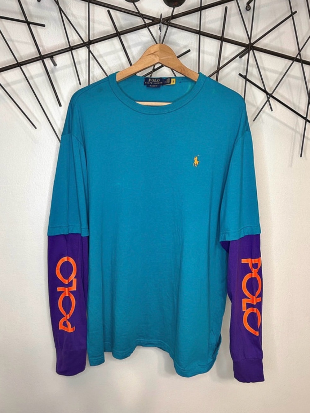Ralph Lauren Teal Long Sleeve Shirt with Purple Sleeves and Orange Logo